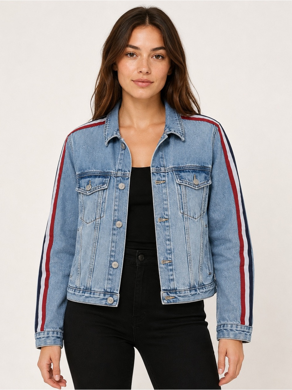 PacSun Denim Jacket Small Light Wash Red White Blue Racing Stripe Sleeve